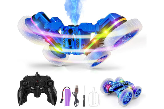 Remote Control Car 360 Degree Rotating RC Cars with Cool Spray 2.4Ghz Double Sided RC Stunt Car with Cool Lights-Blue