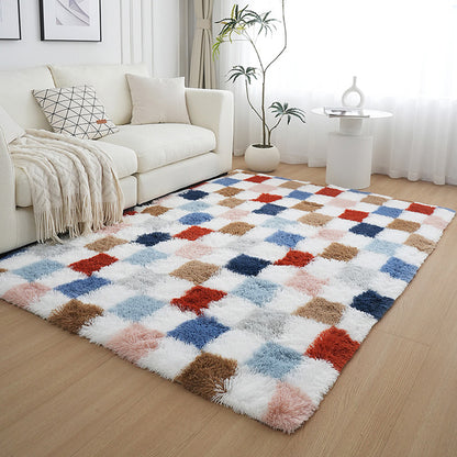 Checkered Plush Shaggy Rug Thickened Non Slip Carpet for Living Room Bedroom-Mixed