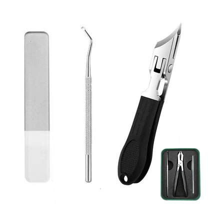 3 Piece Slanted Nail Clipper Set with File and Cleaner Tool - Black
