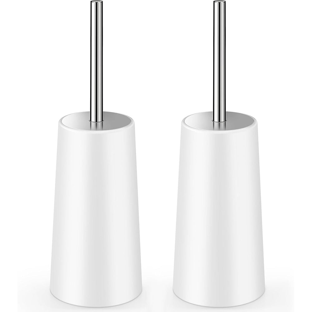 2 Pack Toilet Brush Set with Stainless Steel Handle and Holder - White