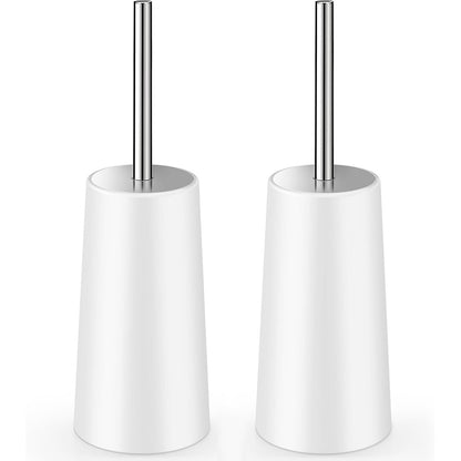 2 Pack Toilet Brush Set with Stainless Steel Handle and Holder - White