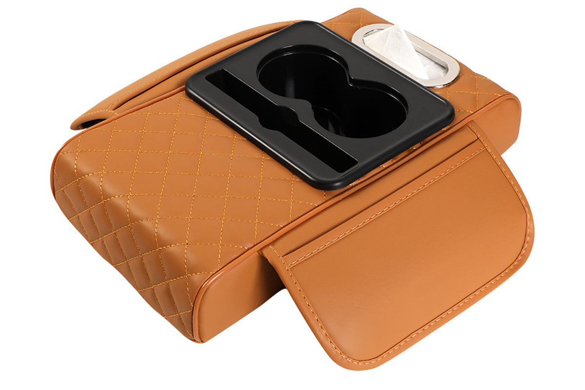 Car Armrest Cushion Organizer with Cup Holder Center Console Booster Pad-Brown
