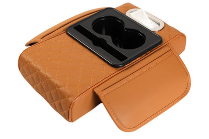 Car Armrest Cushion Organizer with Cup Holder Center Console Booster Pad-Brown