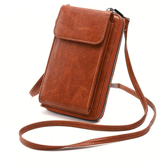 PU Leather Women Pouch Bag Mobile Phone Bag Crossbody Purse Wallet Shoulder Bag-Brown