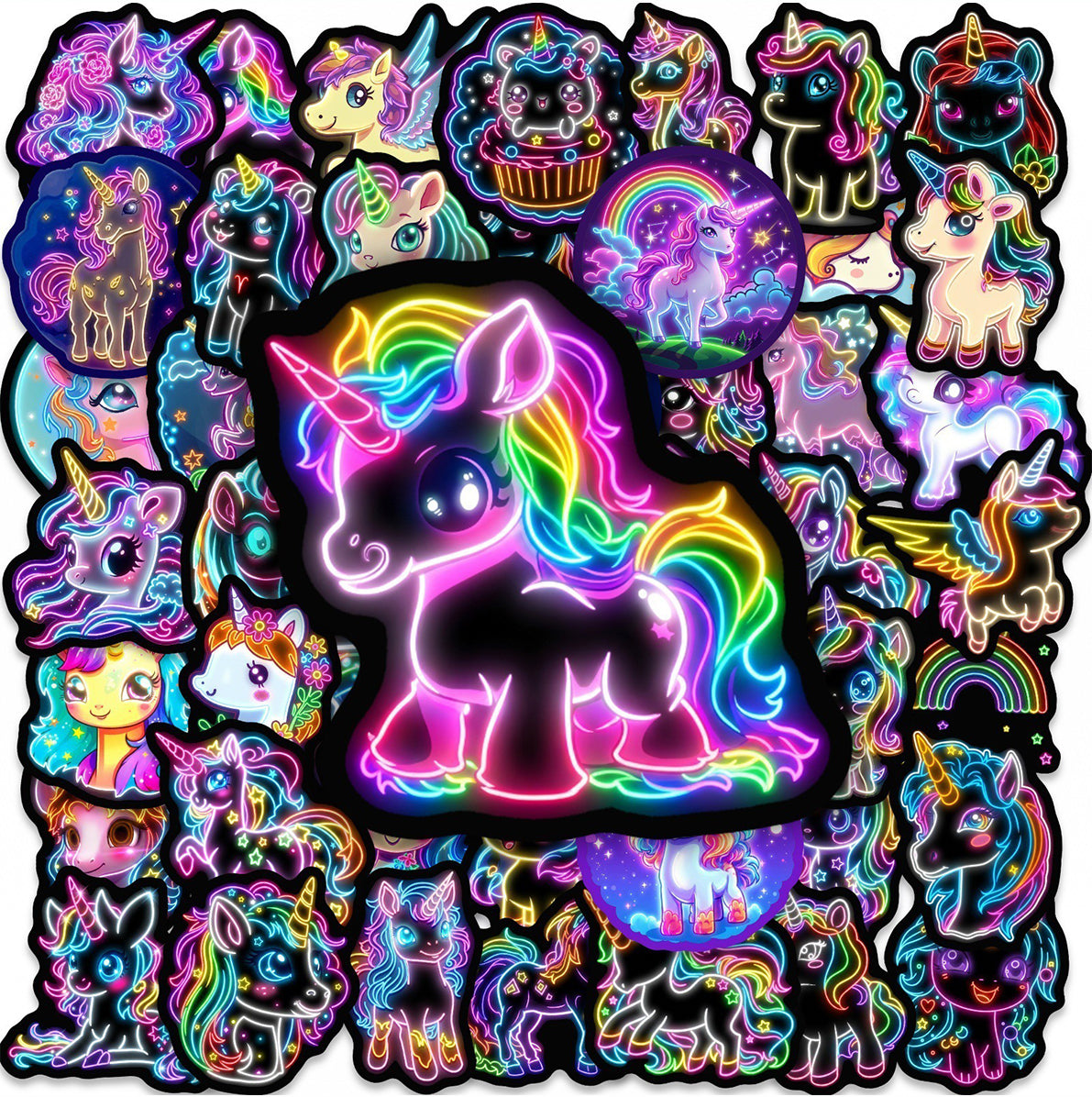 5 Sets Neon Unicorn Waterproof Stickers 50 Pieces Per Set for Water Bottles