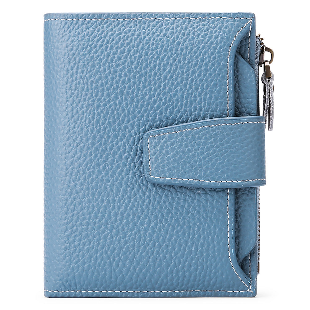 Genuine Leather Women's Wallet Short RFID Blocking Purse with Zipper Light blue
