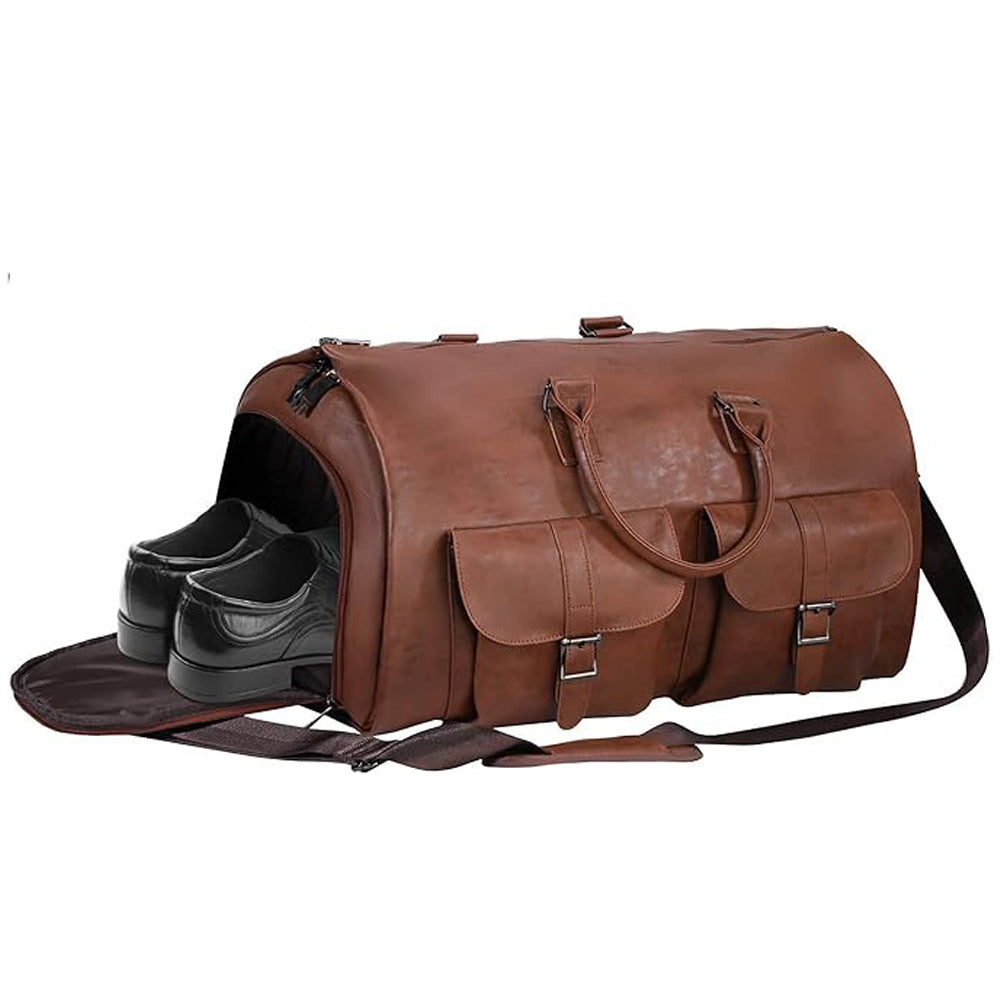 Foldable Carry on Duffel Bag PU Leather Overnight Luggage Bag With Shoes Compartment-Brown