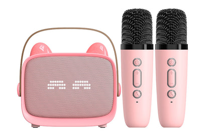 Karaoke Machine Toys Gifts Portable MP3 Player with 2 Wireless Microphone -Pink
