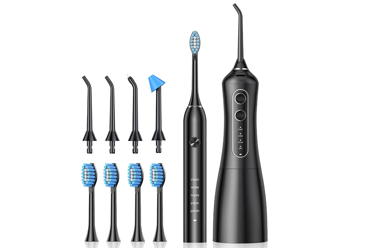 Sonic Electric Toothbrush and Water Flosser Combo with 4 Brush Heads -Black