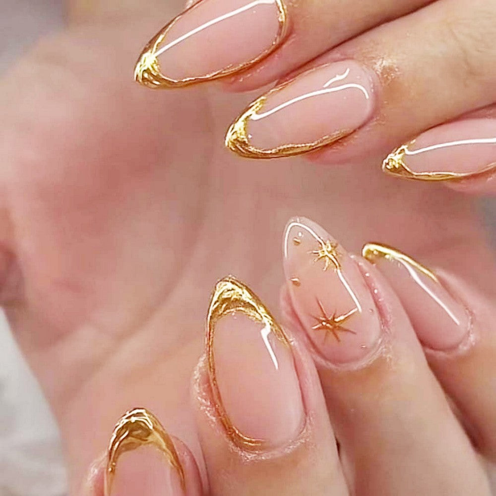 Press on Nails Almond Fake Nails with Gold Hexagram Full Cover Stick on Nails