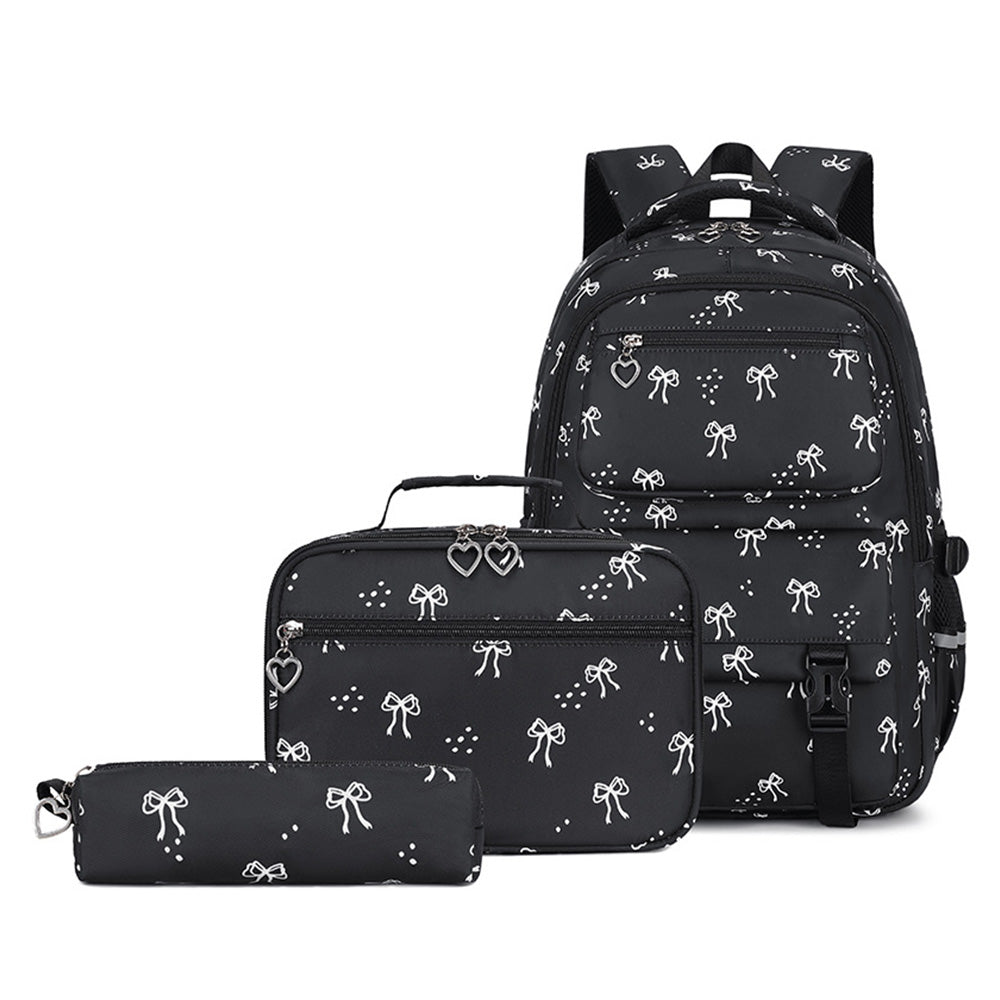 3 Piece Girls School Backpack Set with Lunch Bag Pencil Case - Black