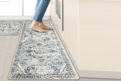 2Pcs Boho Anti-Fatigue Kitchen Mats Non-Slip Cushioned for Kitchen Sink Laundry -Navy Blue