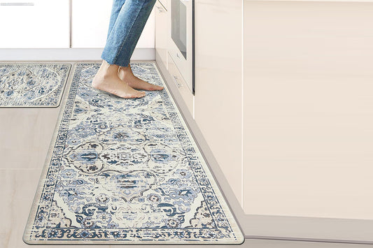 2Pcs Boho Anti-Fatigue Kitchen Mats Non-Slip Cushioned for Kitchen Sink Laundry -Navy Blue