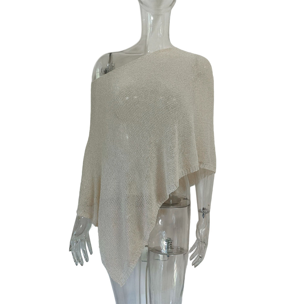 Summer Irregular Sheer Poncho Shawl Beach Cover Up - Beige