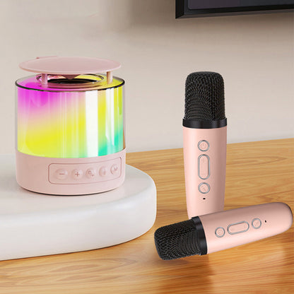 Bluetooth Karaoke Machine with 2 Wireless Microphones Mini Singing Speaker with Colorful Light Pink
