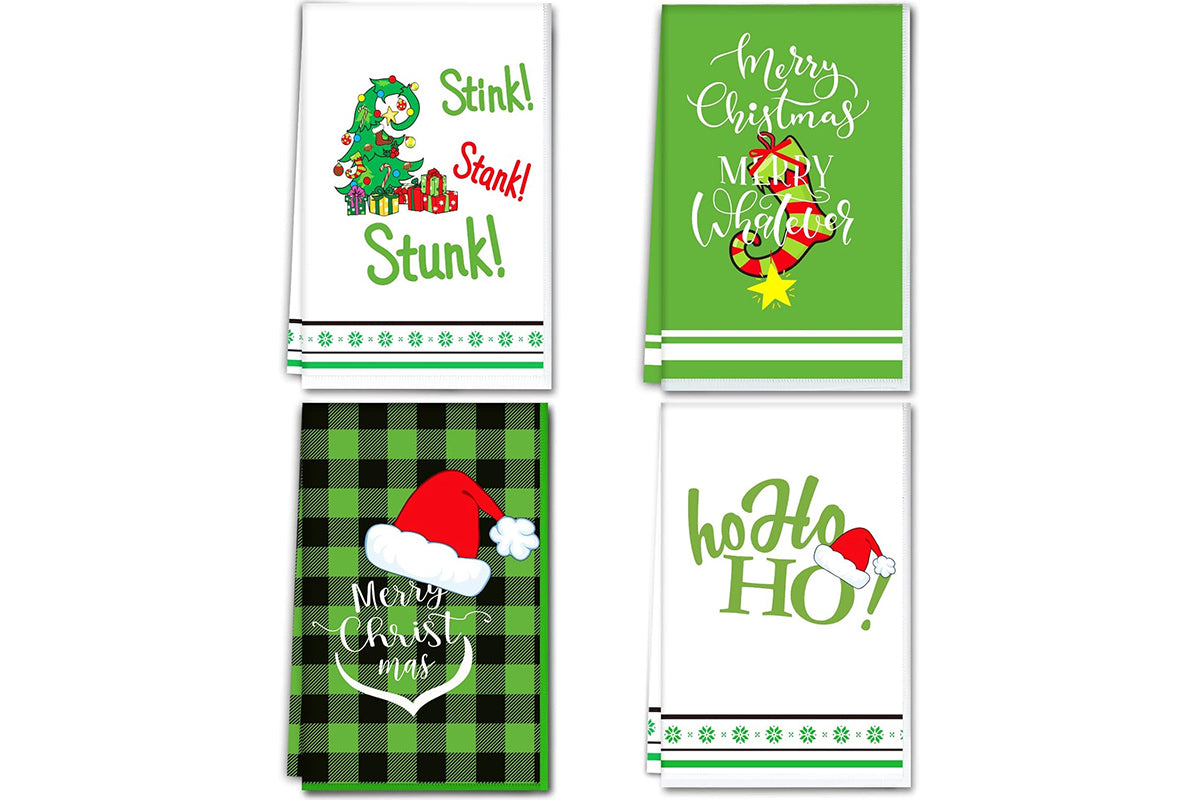 4Pcs Set Christmas Kitchen Towels Grinch Hand Inspirited Towel Merry Christmas Decorative Xmas Absorbent Dish Towels-Style 1