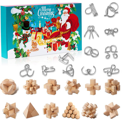 24PCS Brain Teaser Christmas Advent Calendar with 3D Stainless Steel & Burr Puzzles