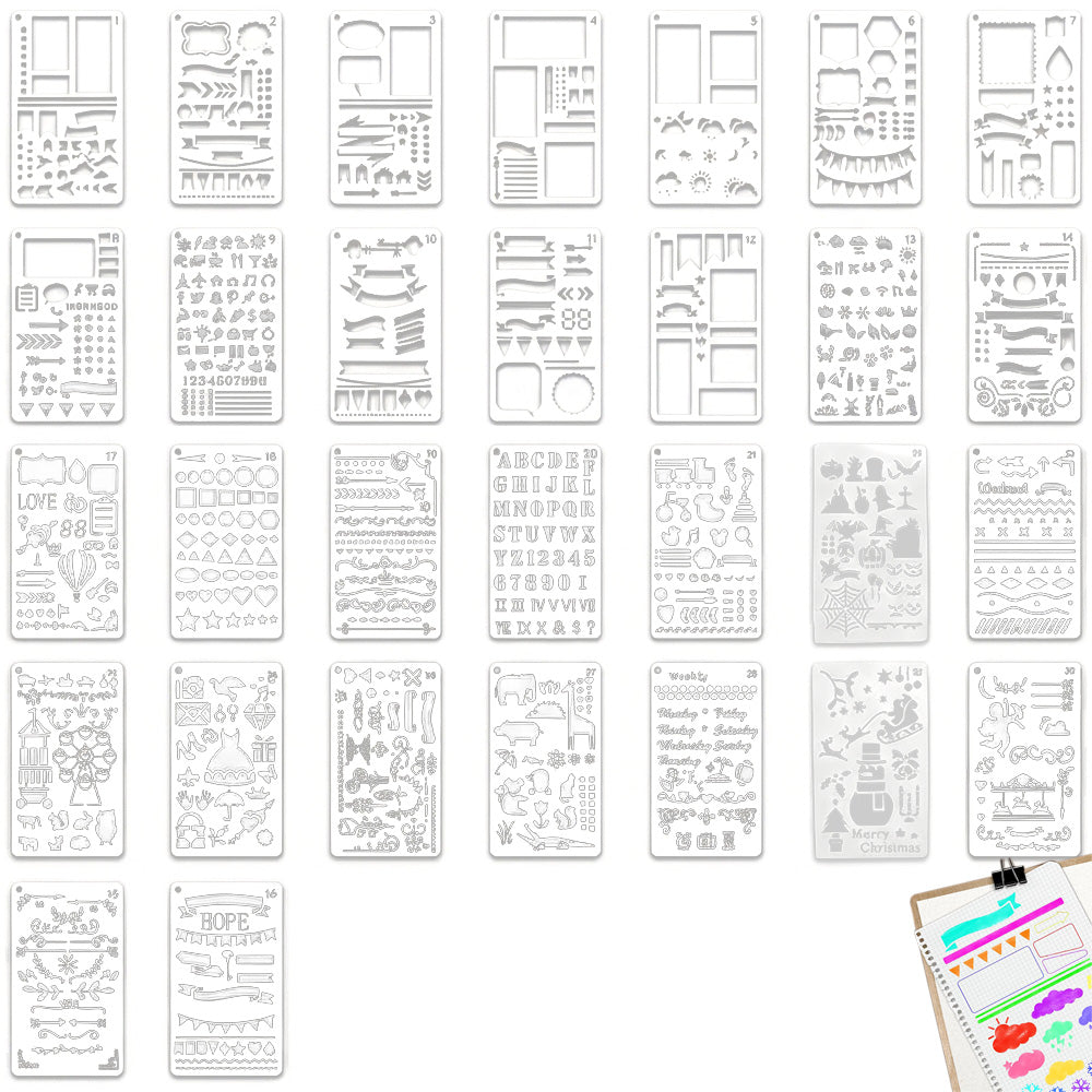 30 Piece A6 PET Reusable Drawing Journal Painting Craft Stencils