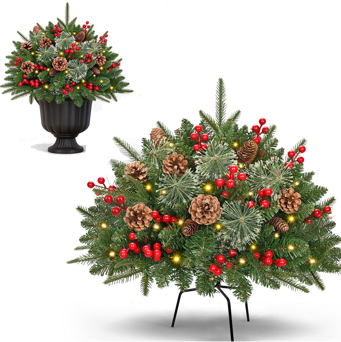 2 Piece Battery Lit Artificial Pine Christmas Planter Stake for Outdoor Decor