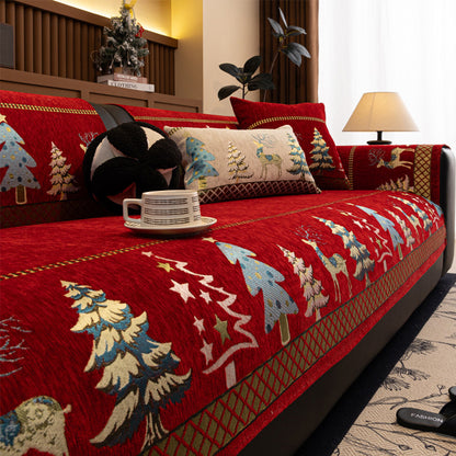 Christmas Deer Chenille Sofa Cover Scratch Resistant Sofa Protector - Red