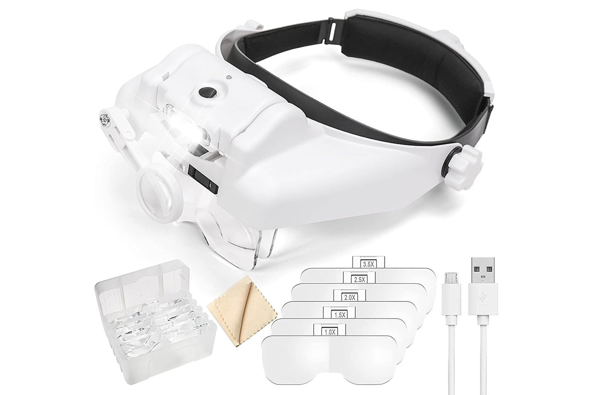 Rechargeable LED Headband Magnifier 1X 14X Hands Free Glasses with 6 Lenses