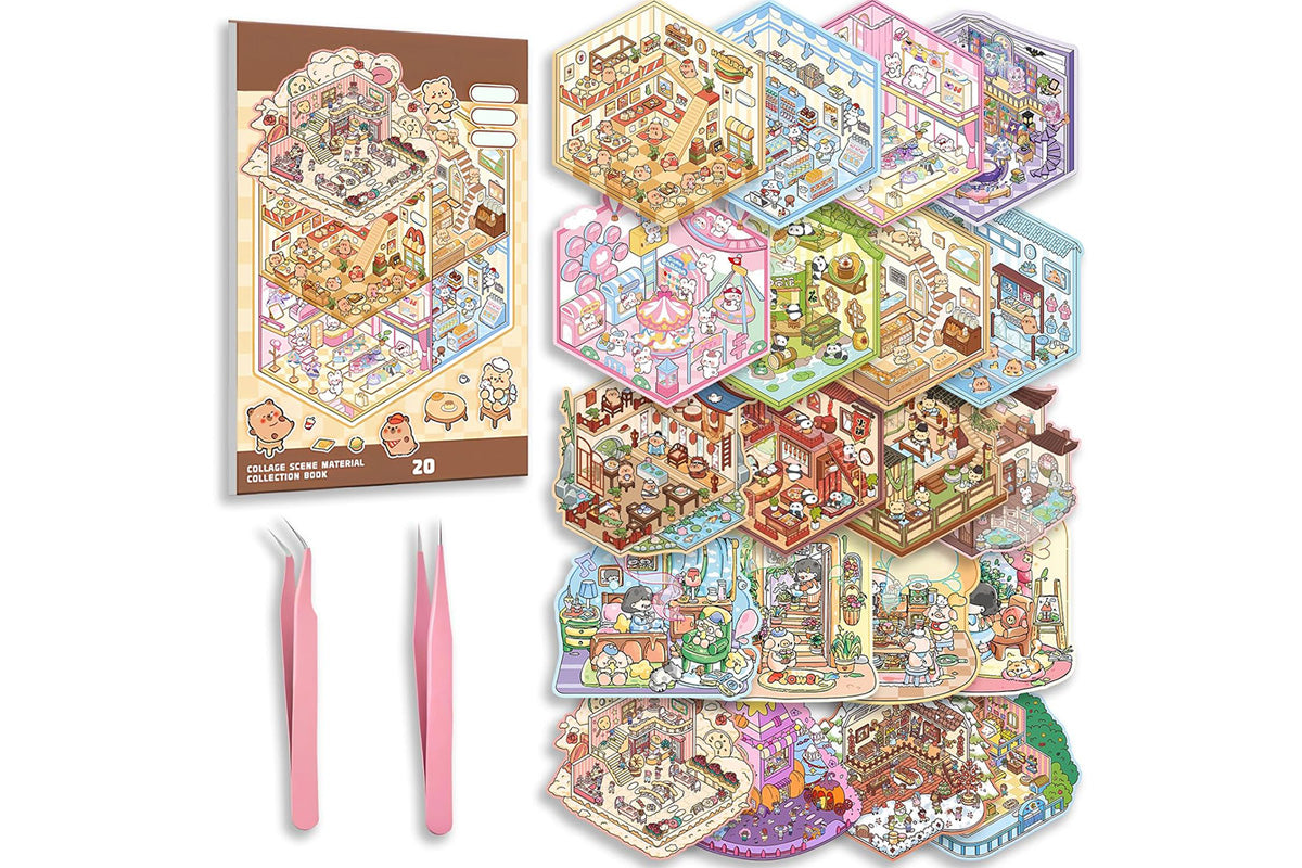 2Sets DIY Sticker Kit 3D Miniature Scene Stickers with 20 Cartoon Stickers for Adult Little Ones