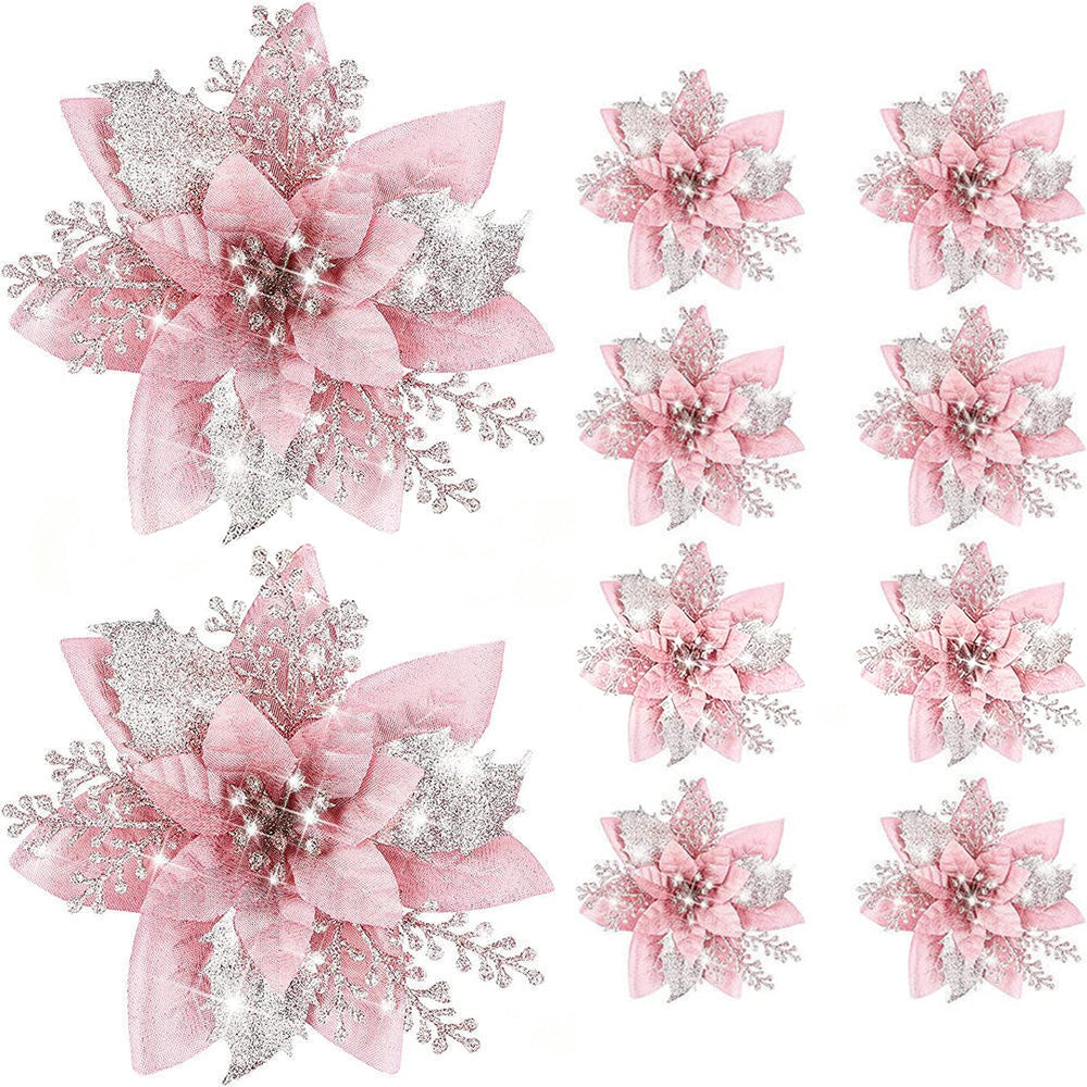 10Pcs Red and Gold Poinsettia Artificial Christmas Flowers ¨C Xmas Tree Ornaments Pink