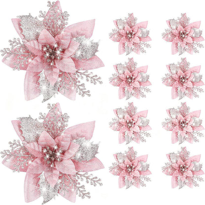 10Pcs Red and Gold Poinsettia Artificial Christmas Flowers ¨C Xmas Tree Ornaments Pink
