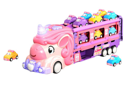 Car Toys Unicorn Toys Truck with Foldable Race Track and 6 Princess Cars for Girls