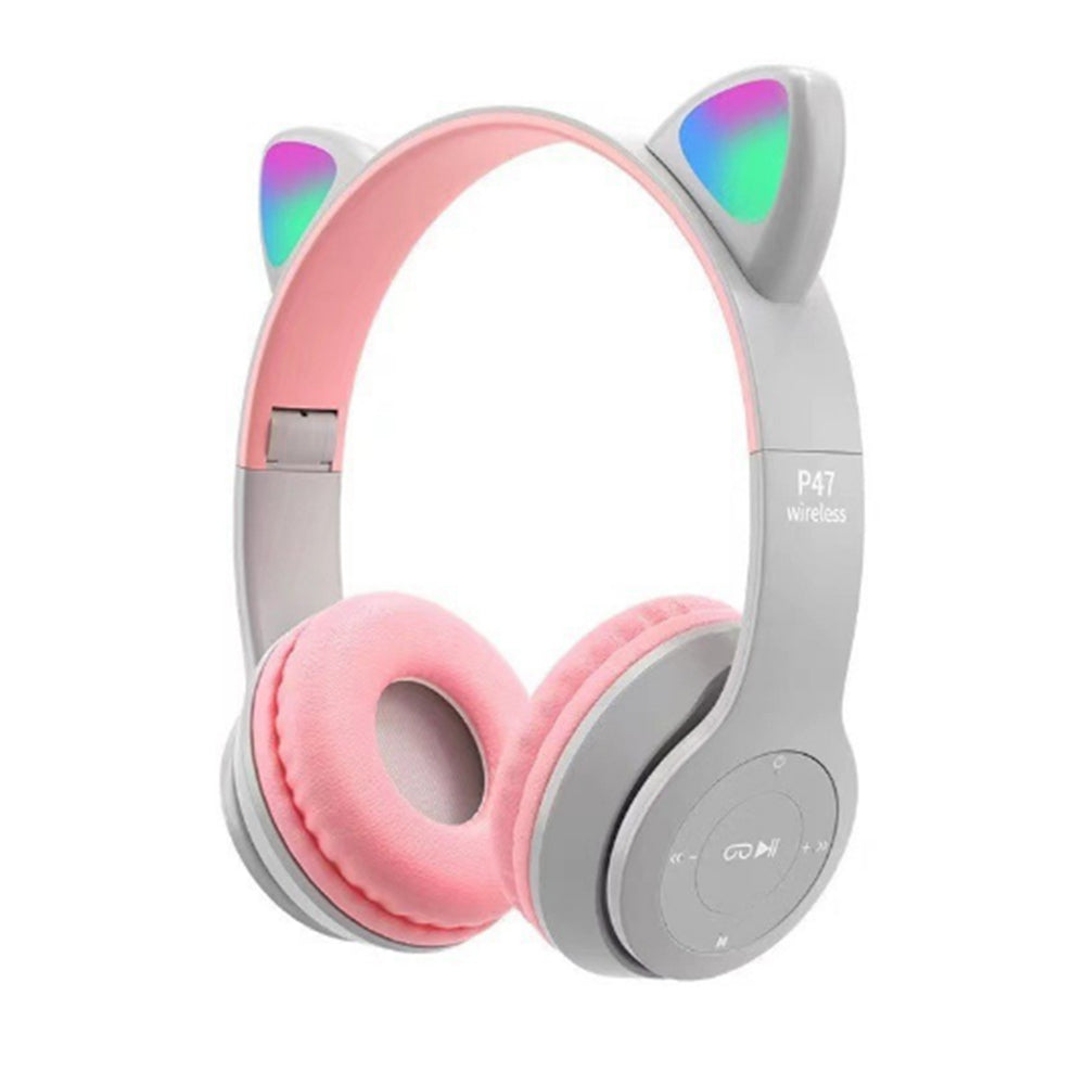 Bluetooth 5.0 Wireless Cat Shape Headphones with RGB Light Foldable Headset Grey