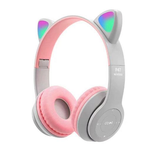 Bluetooth 5.0 Wireless Cat Shape Headphones with RGB Light Foldable Headset Grey