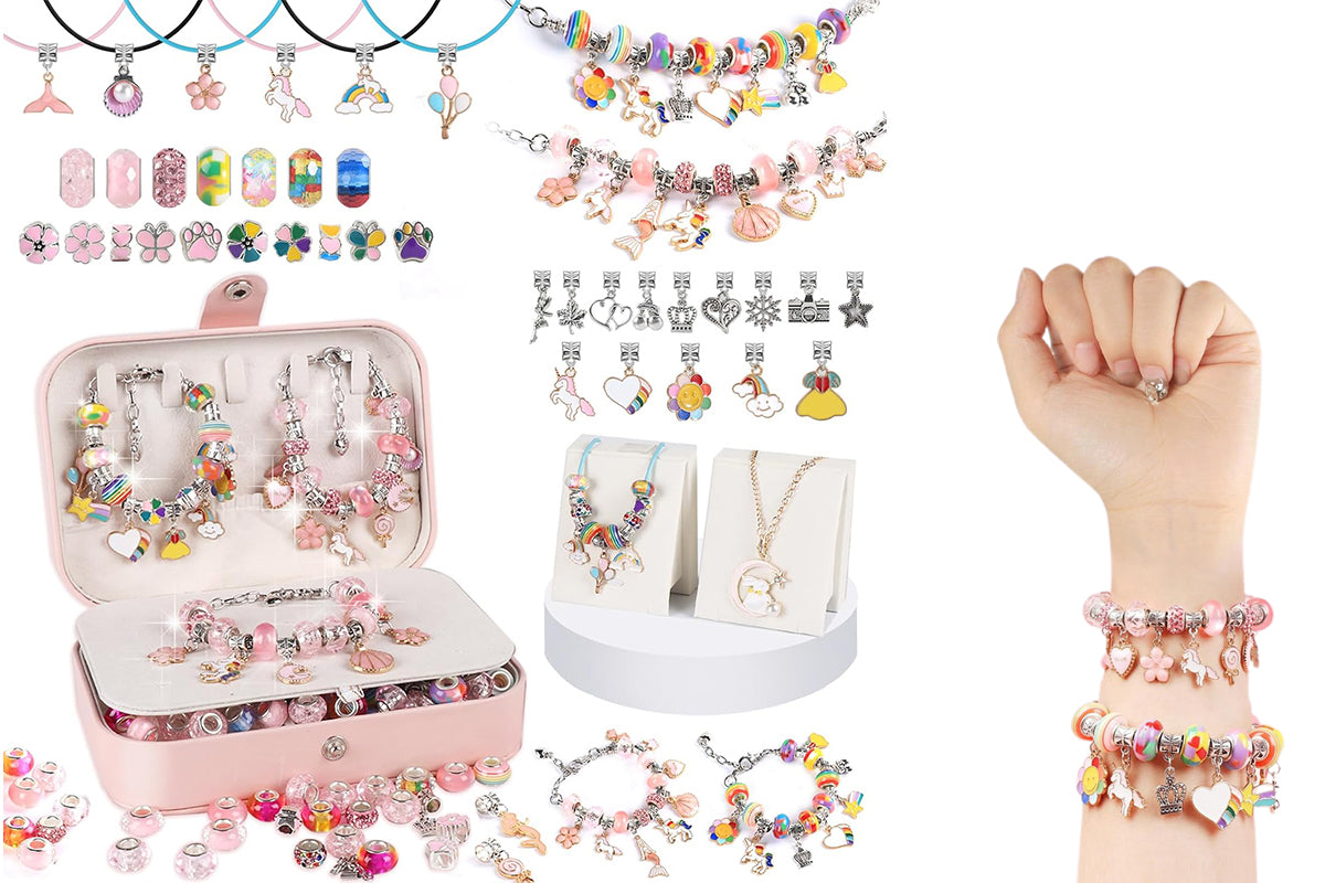 133Pcs Charm Bracelet Making Kit for Girls with Jewelry Box DIY Beaded Jewelry Making Kit Christmas Gift-Rainbow and Pink