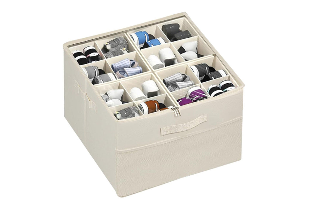 Shoe Organizer Foldable Shoe Storage Containers with Dividers and Lid -Beige