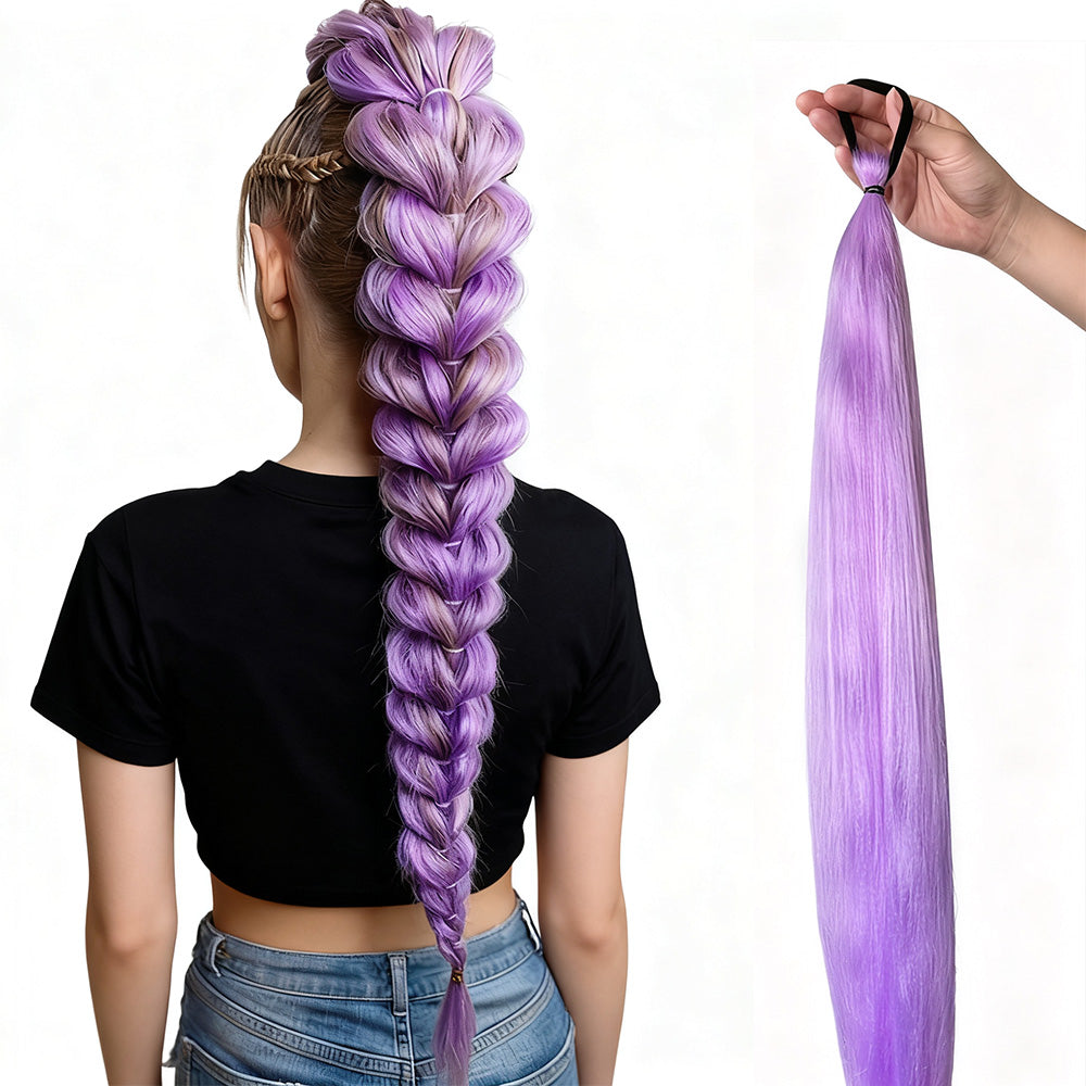 2PCS Purple Ponytail Extensions with Elastic Tie Straight Sleek Wrap Around Braids Light Purple