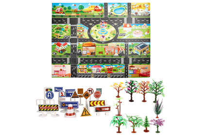 58Pcs Floor Play Mat Rug Traffic Road Signs Car Track City Carpet Toy with 10 Trees