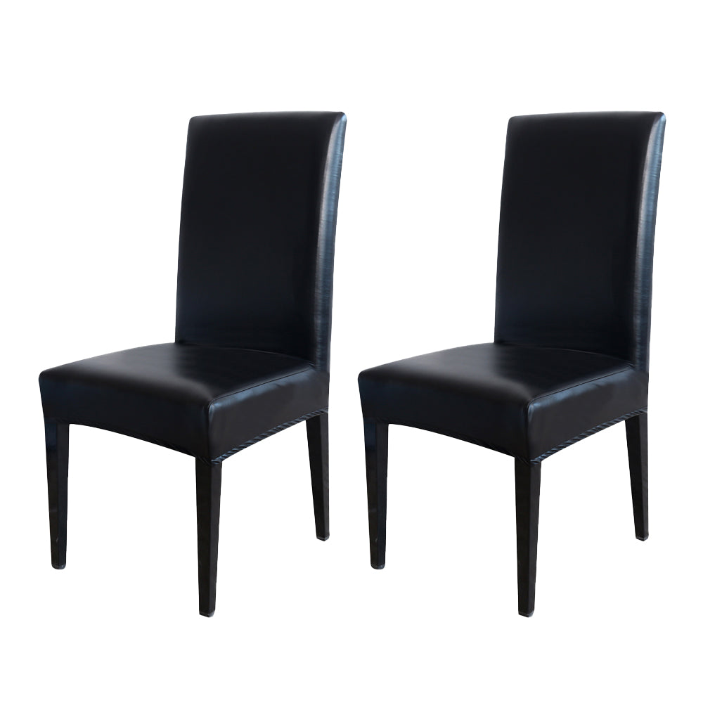 2Pcs PU Leather Waterproof Oilproof Stretch Dining Chair Protector Cover-Black
