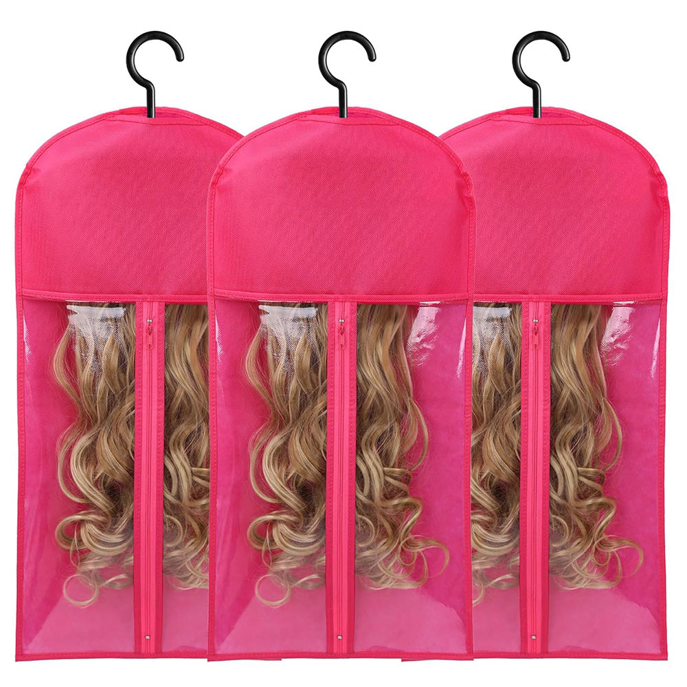 3Pcs Hair Extension Storage Bags with Hangers Dustproof Non-Woven Fake Hair Organizer Rose Red