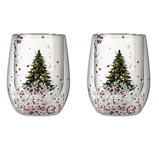 2Pcs 300ml Double Wall Christmas Tree Coffee Glass Cups