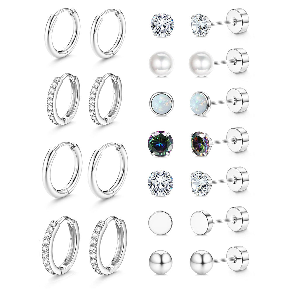 11Pairs Hypoallergenic Stud Hoop Earrings for Women Trendy Silver Hoops Cartilage Earring Stacks Set