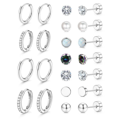 11Pairs Hypoallergenic Stud Hoop Earrings for Women Trendy Silver Hoops Cartilage Earring Stacks Set