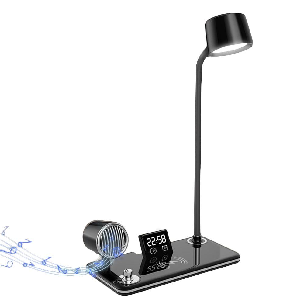 4 in 1 LED Desk Lamp with Wireless Charger Bluetooth Speaker and Alarm Clock-Black