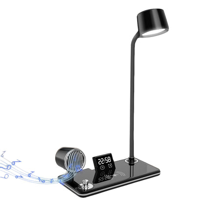 4 in 1 LED Desk Lamp with Wireless Charger Bluetooth Speaker and Alarm Clock-Black