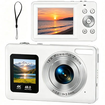 4K Digital Camera Dual Screen Selfie Camera for Vlogging - White