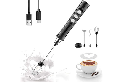Milk Frother Handheld USB Rechargeable Milk Foam Maker With 3 Stainless Whisks-Black