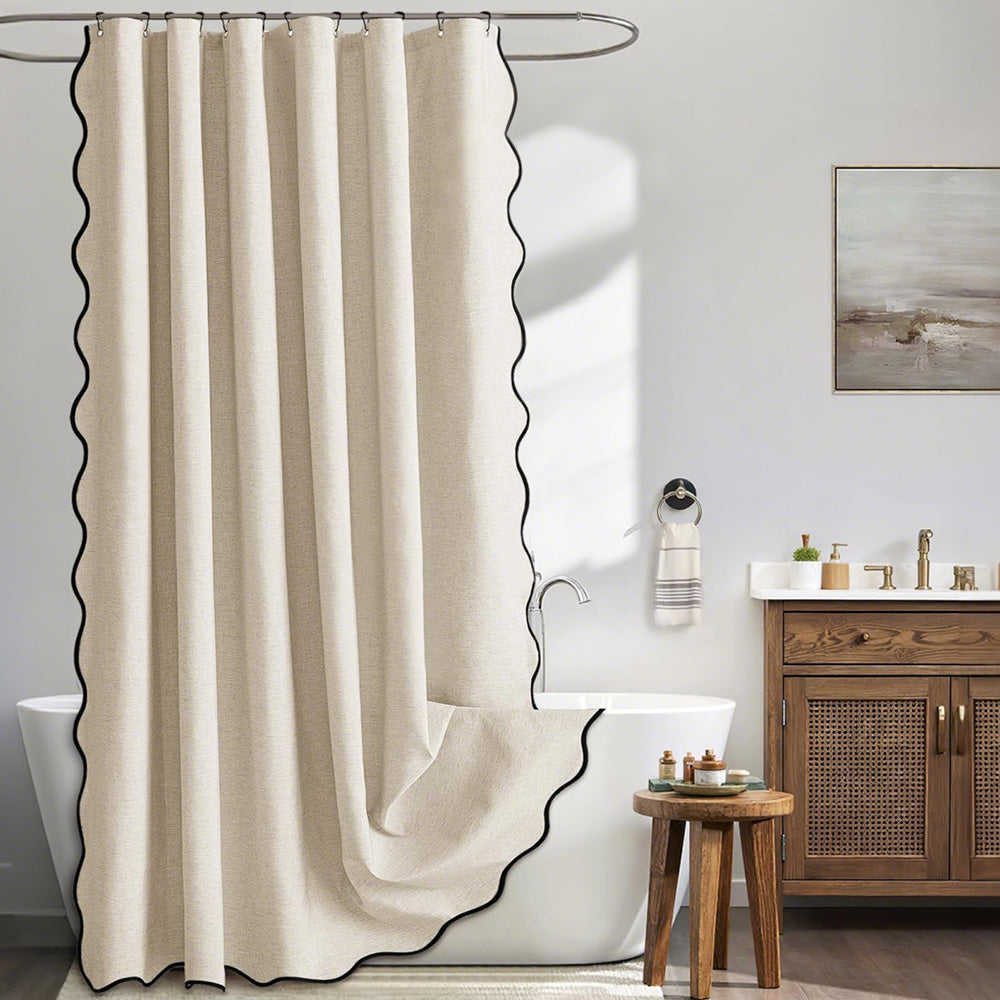 Waterproof Shower Curtain Thick Boho Wavy Edge With Rustproof Hooks-Beige