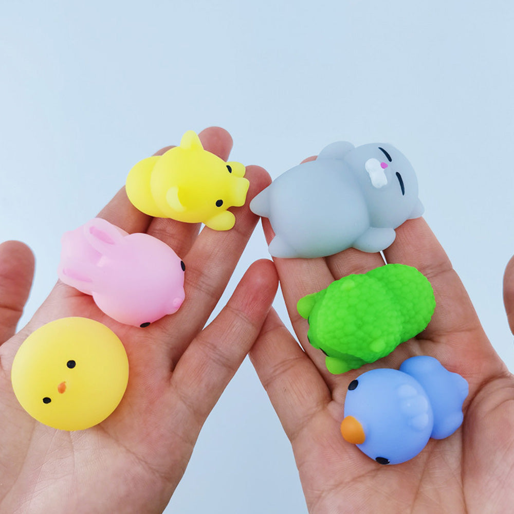 24Pcs Cute Animal Shape Soft Squeezable Toys with Storage Bucket Mochi Squishy Party Favors for Kids