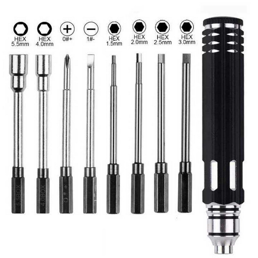 8-in-1 Hard Steel Tool Hex Nut Driver Set 1.5/2.0/2.5/3.0/0+ Flat/1-/4/5.5