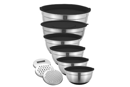 6Pcs Mixing Bowls with 3 Grater Attachments Stainless Steel Kitchen Stackable Bowls