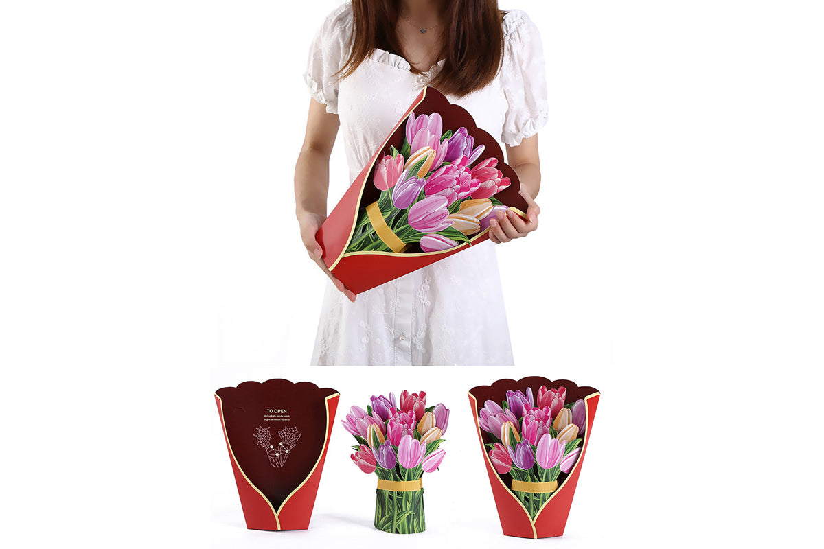 3D Paper Pop Up Flower Cards Mothers Day Gift For Mom All Occasion Cards With Note Card-Tulip Bouquet