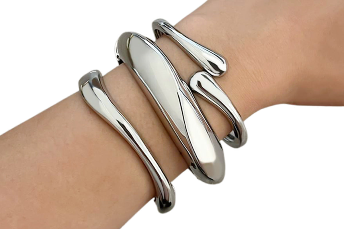 3Pcs Chunky Gold Bangle Bracelets Wide Wrist Cuff Stackable Jewelry Gift-Silver